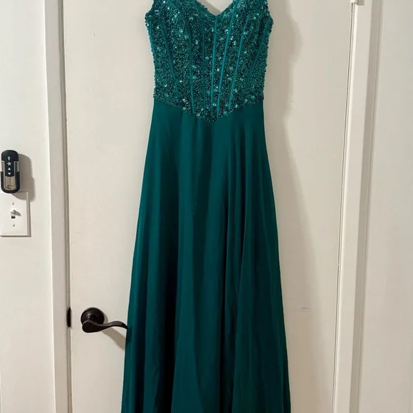 slim fit dress slacks Emerald Green Satin Prom Dress with Corset Bodice and Slit – AS007 –  Viniodress main image 0